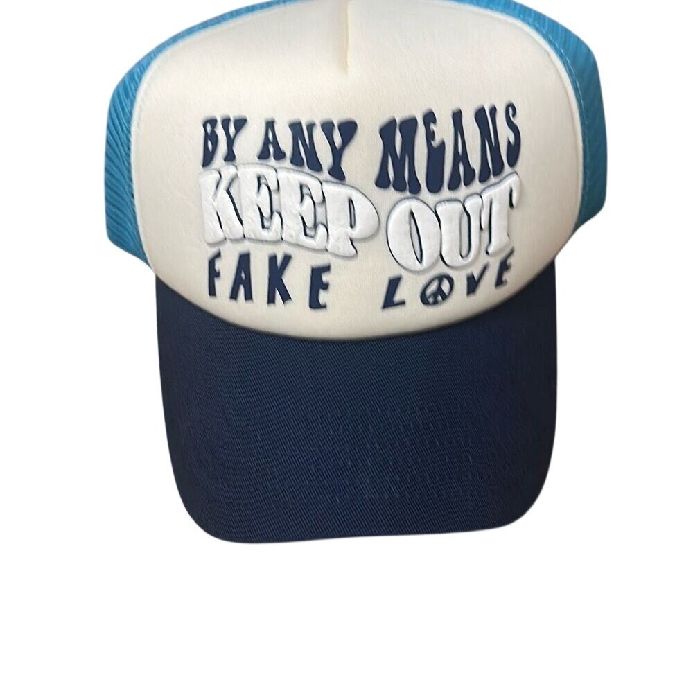 NWT Keep Out Fake Love Mens Blue White By Any Means Mesh Snapback Trucker Cap